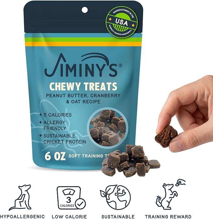 Jiminy's Chewy Training Treats for Dogs, Low Calorie, Hypoallergenic Insect Protein, Made in USA, 6oz, Peanut Butter & Cranberry (Pack of 1)