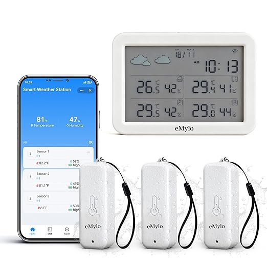 eMylo WiFi Hygrometer Thermometer 4 Pack, Smart Wireless Temperature Humidity Sensor with App Alert, Works with Alexa & Google Assistant, Indoor Outdoor Monitor for Greenhouse, Baby Room, Wine Cellar