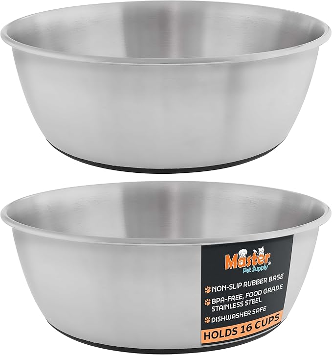Master Pet Supply Stainless Steel Dog Bowls Set of 2 (128 Oz Each) with Non-Slip Rubber Base - Stainless Steel - Basic Dog Food Bowl Water & Food Bowls for Small Medium Large Dogs & Cats, Metal Dish