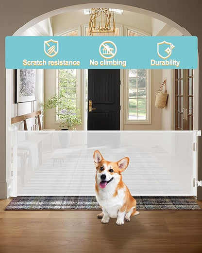 Retractable Baby Gate for Stairs – 33” Height, Expands up to 118” Width – Safety Gate for Infants, Toddlers, Dogs & Pets – Easy Install, Secure Closure, White Mesh Design for Indoor & Outdoor Use