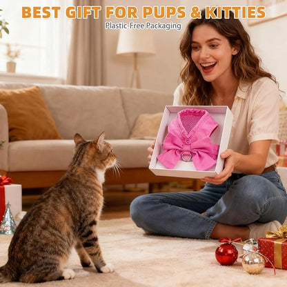KOOLTAIL Cute Cat Harness and Leash Set with Bowtie, Small Dog Vest Harnesses for Girl Outfit, Step in No Pull Soft Mesh Padded Adjustable Pet Harness for Extra-Samll Medium Puppy Kitten, Pink XS