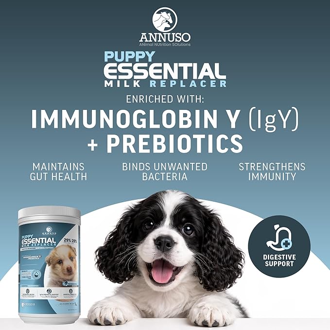 ANNUSO Puppy Essential Milk Replacer, 12oz - 29% Protein & 28% Fat - Complete Nutrition with Probiotics & Key Nutrients, Supports Immunity & Digestion - Easy-Mix Powder