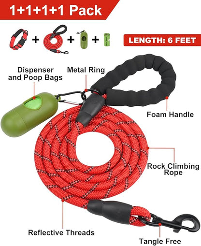 Dynmeow Reflective Dog Collar and Leash Set, 6FT Strong Climbing Rope Leash with Padded Handle, Adjustable Pet Collar with Soft Neoprene Padding for Small Medium Dogs, Red, S