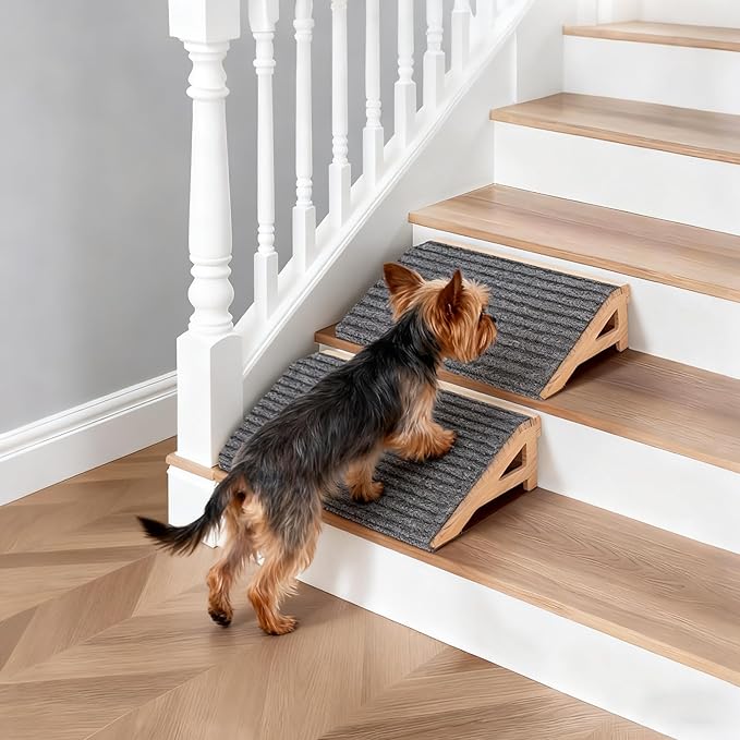 2-Pack Dog Ramp Stairs for Pets ups to 170lbs, Durable Anti-Slip Carpet Surface, Wooden Low-Angled Pet Ramp Assist for Injured & Aged Pets, Stairs Ramp for Small Dogs, No Assembly（Natural Solid Wood）