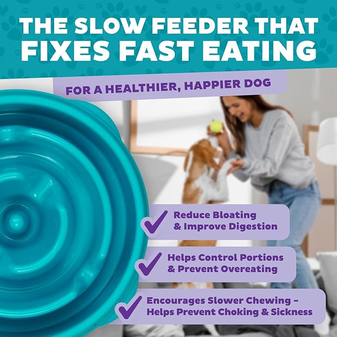 Outward Hound Fun Feeder Slo Bowl – Medium 2‑Cup Capacity,Slow Feeding,Small to Medium Dogs & Cats,Non-Slip,Turquoise,Drop Pattern,(Pack of 12)