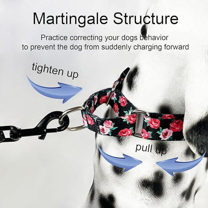 Martingale Collar for Dogs Pink Floral Dog Collars for Small Dogs with Buckle Girl Female Soft Nylon Dog Collar (Black Pink Rose, S)