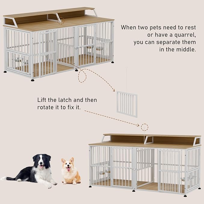 Dog Crate Furniture for 2 Dogs, 72" Extra Large Double Dog Cage Large Breed, XXL Thick Wooden Dog Crate with Storage Rack, Sturdy Dog Kennel with Removable Divider