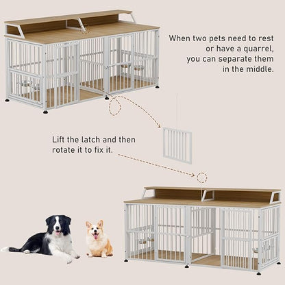 Dog Crate Furniture for 2 Dogs, 72" Extra Large Double Dog Cage Large Breed, XXL Thick Wooden Dog Crate with Storage Rack, Sturdy Dog Kennel with Removable Divider