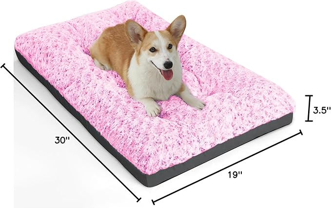 POCBLUE Dog Bed Medium Sized Dog, Washable Plush Pet Bed for Crate, Anti-Slip Pet Mat for Cages, Comfy Crate Pad for Outdoor/Indoor/Car Use, Soft Kennel Pad for Dogs Up to 40 lbs, 29"x19", Pink