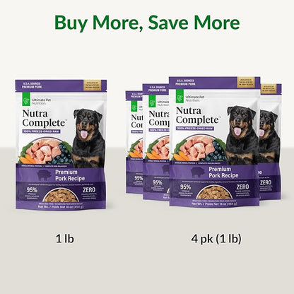ULTIMATE PET NUTRITION Nutra Complete, 100% Freeze Dried Veterinarian Formulated Raw Dog Food with Antioxidants Prebiotics and Amino Acids, (1 Pound (Pack of 4), Pork)