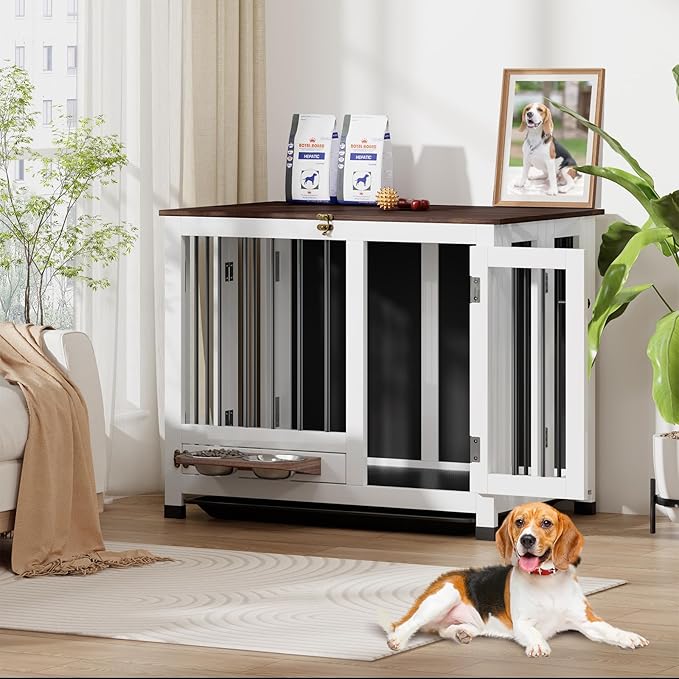 Dog Crate - 31.5" Wooden Dog Kennel Furniture with 360° Rotating Feeder & Removable Tray | Indoor Multi-Functional End Table for Medium & Small Dogs, White Dog Cage, Portable Pet Furniture