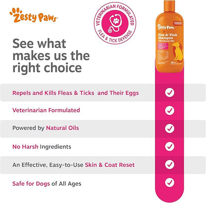 Zesty Paws Flea and Tick Shampoo for Dogs - Veterinarian Formulated Flea Shampoo for Dogs to Kill Fleas, Ticks & Their Eggs - Soothes Itchy & Irritated Dog Skin - Cedarwood, Rosemary & Peppermint Oil