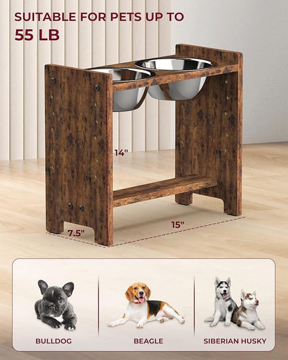 Vantic Elevated Dog Bowls, Adjustable Raised Dog Bowl Stand for Medium Sized Pet, Sturdy Particle Board Food Feeder with 2 Stainless Steel Dishes, Rustic Brown