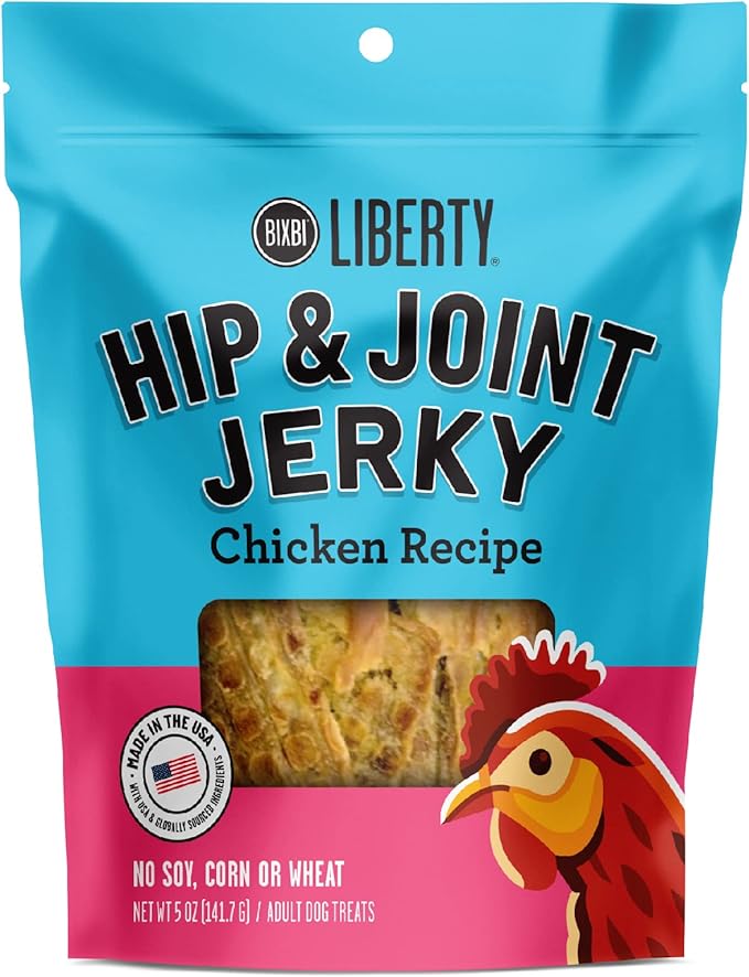 BIXBI Liberty Hip & Joint Support Chicken Jerky Dog Treats, 5 oz - USA Made Grain Free - Glucosamine, Chondroitin for Dogs - Antioxidant Rich, No Fillers