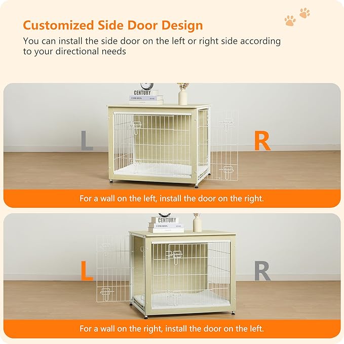 DWANTON Dog Crate Furniture with Cushion, Wooden Kennel Table with Double Doors, Indoor Dog House, Medium Size, 32.5" L, White Oak