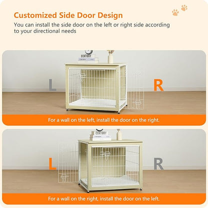 DWANTON Dog Crate Furniture with Cushion, Wooden Kennel Table with Double Doors, Indoor Dog House, Medium Size, 32.5" L, White Oak