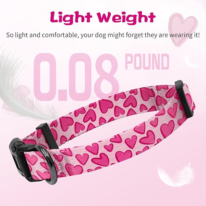 Kazazoo Dog Collar Cute and Soft Nylon Puppy Collar Girl, Adjustable Dog Collars for Small Medium Dogs, Hot Pink Heart-S