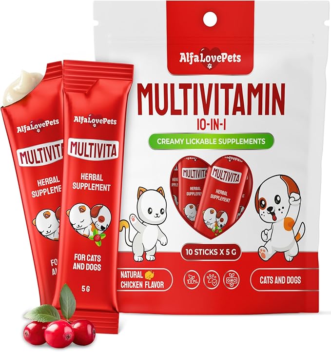 Dog Vitamins for All Pets – Creamy Squeezable B, C, D Cat Vitamins with Glucosamine for Fur, Joints, Digestion, Urination, Vision – Lickable Multivitamin for Dogs with Chicken Flavor – 10 Sticks