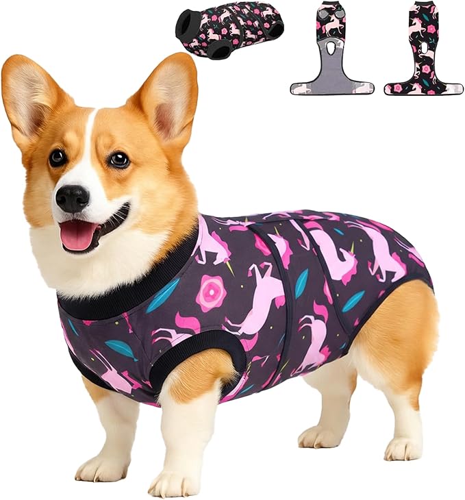 PetWarm Recovery Suit for Dogs, Dog After Surgery Onesie, Spay and Neuter, Prevents Licking Cotton Protect Dog Abdominal, E-Collar Alternative, Unicorn Pattern, Black, M