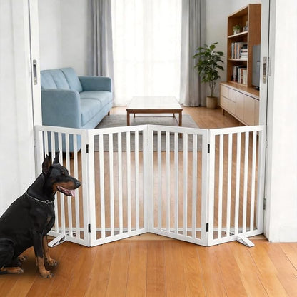 ZJSF Freestanding Indoor Dog Gate for House Foldable Wood White Puppy Gate for Doorways Pet Gate for Stairs Extra Wide Pet Fence 32" Height 4 Panels