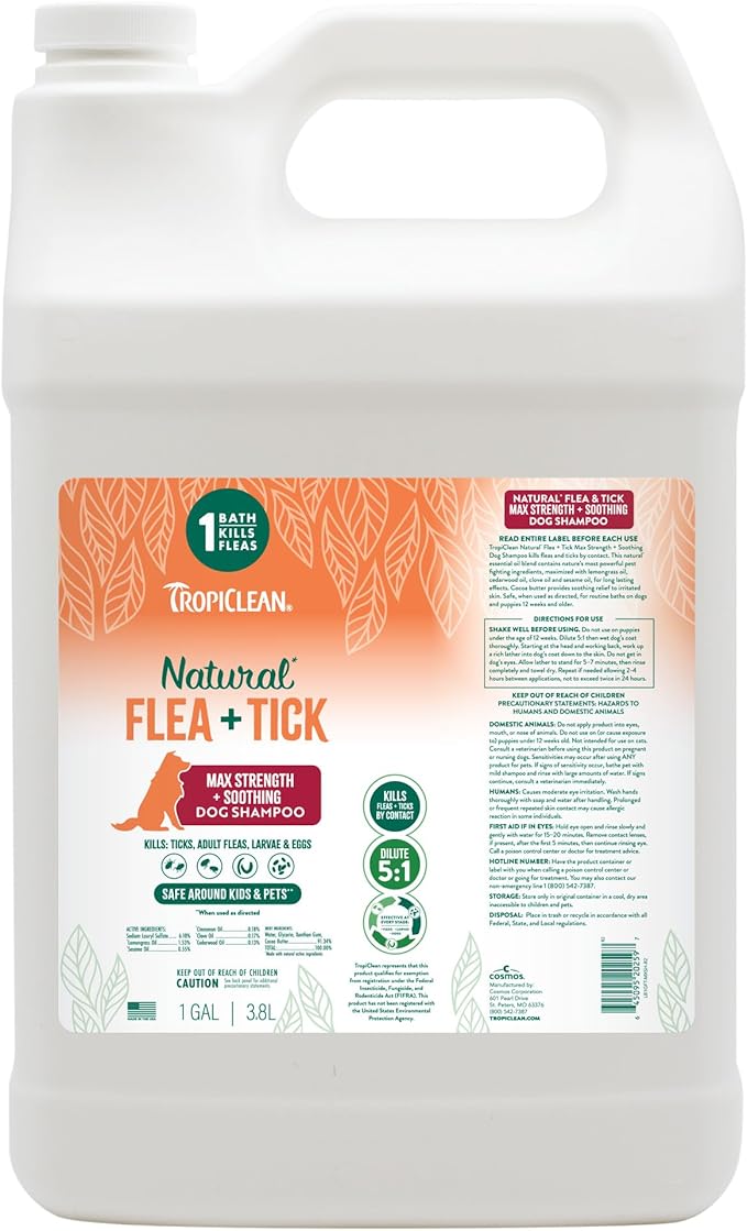 TropiClean Max Strength Flea and Tick Shampoo Treatment for Dogs, Powerful & Natural Defense, Prevention for Large & Small Dogs, Made in USA, 1GAL