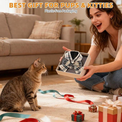 KOOLTAIL Cute Cat Harness and Leash Set with Bowtie, Small Dog Vest Harnesses, Step in No Pull Soft Mesh Padded Adjustable Plaid Pet Harness for Extra-Samll Medium Puppy Kitten, Boy Girl, Beige XS