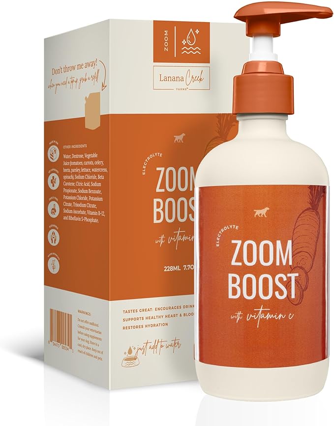 Lanana Creek Farms® Zoom Boost Electrolyte 7.7 oz Glass Bottle with Pump | Ideal for Active Dogs | Rapid Absorption and Easy Digestion | Carrot and Ginger Flavored