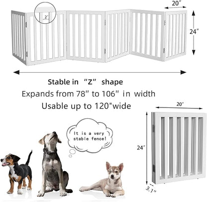 ZJSF Freestanding Indoor Dog Gate for House Foldable Wood White Puppy Gate for Doorways Pet Gate for Stairs Extra Wide Pet Fence 24" Height 6 Panels
