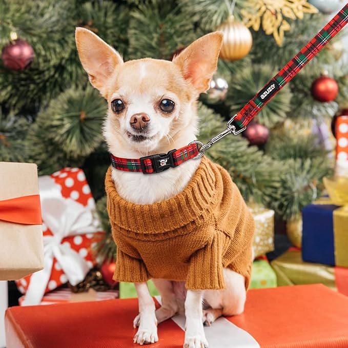 azuza Christmas Dog Collar and Leash Set, Buffalo Plaid Dog Collar with Matching Leash for Small Dogs, Great for Christmas, New Year, Festivals and Daily Use