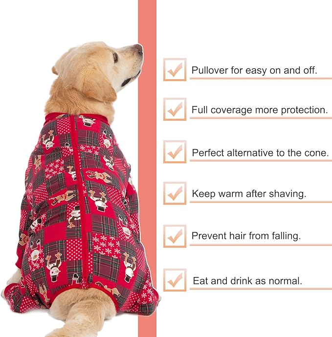 Yeapeeto Dog Onesie Surgery Recovery Suit for Large Medium Bodysuit Dogs Pajamas PJS Full Body for Shedding, Prevent Licking, Wound Protection, Cone Alternative… (Xmas Red, 4X-Large (Pack of 1))