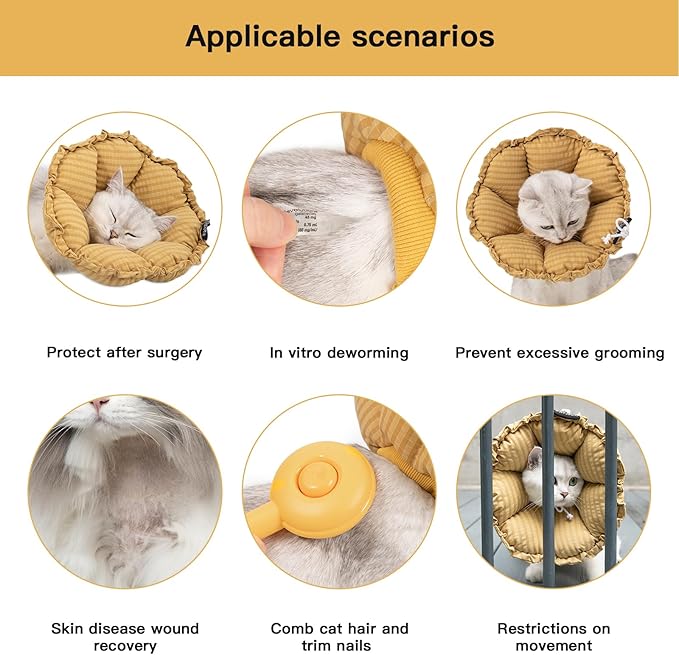 H HIDREAM Soft Cat Cone Collar， Cute Adjustable Cat Recovery Collar，Elizabethan e Collar that can Protect Head and Foot Wounds，Daisy Yellow All-Season Style