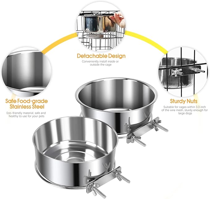 2 Pcs Medium Pet Dog Food Water Bowl for Cage Stainless Steel Non-Spill Kennel Detectable Hanging Cats Pets Bowls with Clamp Holder Crate Feeder Dish for Medium Dogs (5.5x2.3'' & 6.3x2.6'')