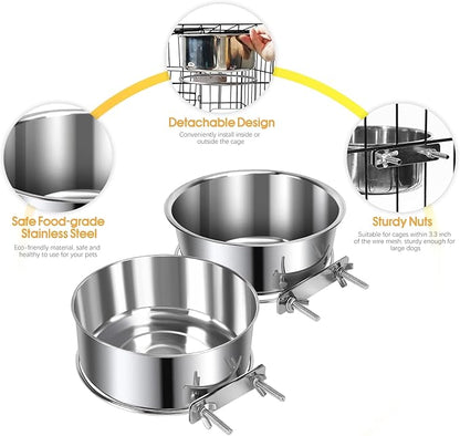 2 Pcs Medium Pet Dog Food Water Bowl for Cage Stainless Steel Non-Spill Kennel Detectable Hanging Cats Pets Bowls with Clamp Holder Crate Feeder Dish for Medium Dogs (5.5x2.3'' & 6.3x2.6'')