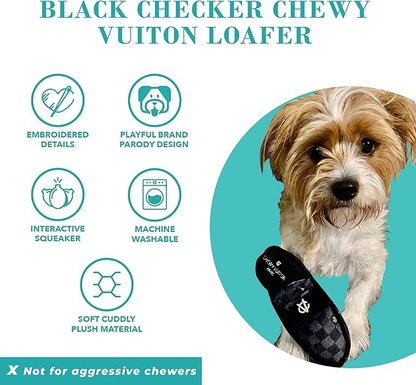 Haute Diggity Dog Chewy Vuiton Loafer Plush Squeaky Dog Toy, Soft Durable Designer-Inspired Stuffed Puppy Chew Toys for Small & Medium Dogs, Machine-Washable (Black Checker) One Size