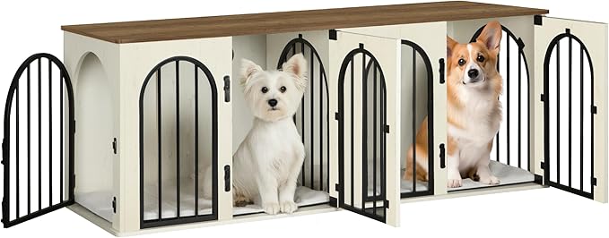 Hzuaneri 63" Dog Crate Furniture for 2 Dogs, Heavy Duty Indoor Dog Kennel TV Stand, L Wooden Dog Cage with Divider for Medium Large Dogs, End Table Dog Crate with Cushion, White Brown DFC80914BV1