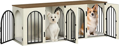 Hzuaneri 63" Dog Crate Furniture for 2 Dogs, Heavy Duty Indoor Dog Kennel TV Stand, L Wooden Dog Cage with Divider for Medium Large Dogs, End Table Dog Crate with Cushion, White Brown DFC80914BV1