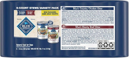 Blue Buffalo Blue's Stew Natural Wet Dog Food, Made with Natural Ingredients, Hearty Beef and Country Chicken Variety Pack, 12.5-oz Cans, 6 Count