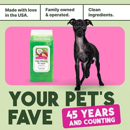 TropiClean Deep Cleaning Pet Wipes, 100ct - Wipes for Dogs & Cats - Gently Removes Dirt, Dander & Smells - for Pet Paws, Face, Body & Bottom - Sweet Berry & Coconut Scent