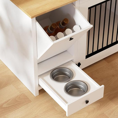 55 ” Wooden Dog Crate Furniture for Medium Dogs, End Table Sideboard Heavy Duty Dog House TV Stand with Pull-Out Feeding Station, Storage Cabinets and Drawer, Decorative Indoor White