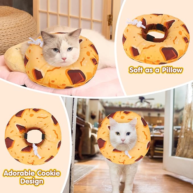 BEAUTYZOO Cat Cone Collars Soft, Cat Recovery E Collars After Surgery to Stop Licking, Adjustable Elizabeth Circle Collar Cute Pet Donut Pillow for Cats Kitten Small Dogs, Cookie S