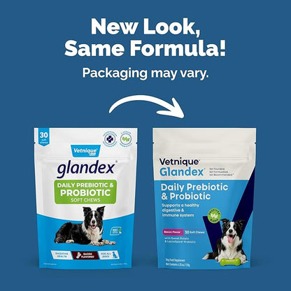 Vetnique Glandex Daily Probiotics for Dogs with Prebiotics to Support Gut Health, Diarrhea with Fiber and Digestive Enzymes, Dog Probiotic Chews or Powders (30ct Chews, Bacon Chews)
