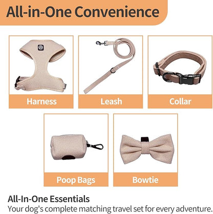 EVERKING 5-Piece Dog Travel Set, Adjustable Harness, Leash, Collar, Poop Bags, Bowtie for Small Medium Dogs, Beige, Breathable No-Pull Design (Beige, M)