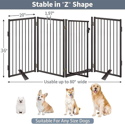 Metal Freestanding Dog Gates with Door for Outdoor Indoor,80'' Extra Wide 36'' Tall Free Standing Dog Gate for Doorways,Large Openings,Deck,Yard,Porch,Foldable Safety Pet Fence(Black,4 Panels)
