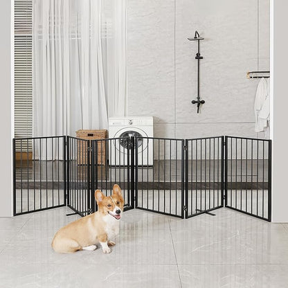Metal Freestanding Dog Gates with Door for Outdoor Indoor,120'' Extra Wide 24'' Tall Free Standing Dog Gate for Doorways,Large Openings,Deck,Yard,Porch,Foldable Safety Pet Fence(Black,6 Panels)