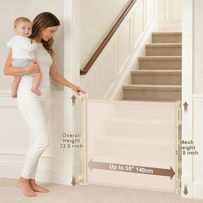 SPACEANY Retractable Safety Baby Gate or Mesh Dog Gate,Durable Portable Mesh Retractable Gate,Easy to Use for Stairs, Doorways, Hallways, Indoor, Outdoor, 33.5" Tall, Up to 55" Wide, Cream