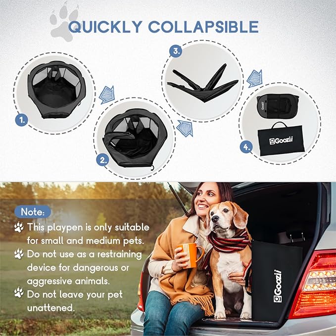 Goozii Portable Puppy Playpen Indoor, Small Dog Playpen, Pop Up Kitten Cat Play Pen Tent for Outdoor, Foldable Pet Cage Crate Kennel with Zip Gate Top Cover Bottom for Travel Camping RV Car (Black)