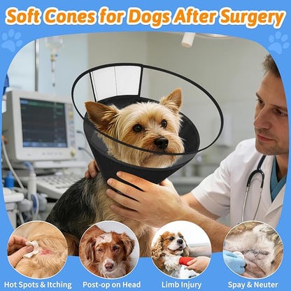 Dog Cone Collar, Clear Soft Cone for Dogs After Surgery to Stop Licking, Breathable Mesh Recovery Collar with Elastic Loop for Snug Fit, Adjustable E-Collar for Large Dogs, Black Size 6