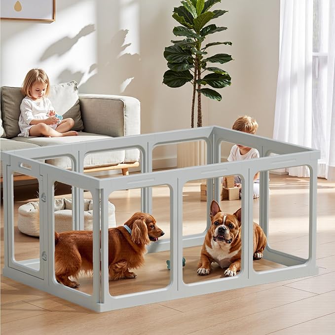 Clear Acrylic Dog Playpen - 50 x 50 Inch, 24" H 12 Planes Transparent Dog Fence Indoor, Sturdy Pet Pen for Puppy/Small Dog/Rabbit/Pig, Easy Assemble & Cleaning Plastic Whelping Box Enclosure, Grey