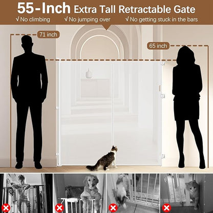 Reinforced 55" Extra Tall Cat Gate for Doorway - No Jumping Over/Crawling Under, Retractable Baby Gate for Cats Fits Openings up to 55" Wide, Retractable Dog Gate Indoor Tall Pet Gate for Stairs/White