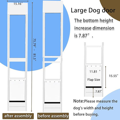 Large Dog Door for Sliding Glass Door, Bottom Height Increase Dimension is 7.87",Adjustable Height 75.79" to 81.5",No Cut Easy Installation Magnetic Closing Curtain Ideal for Renters